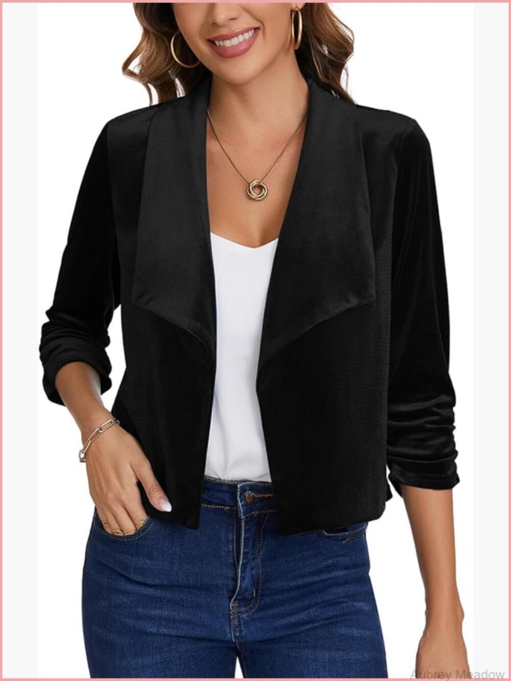 Casual Velvet Blazer 3/4 Ruched Sleeve Shawl Collar Open Front